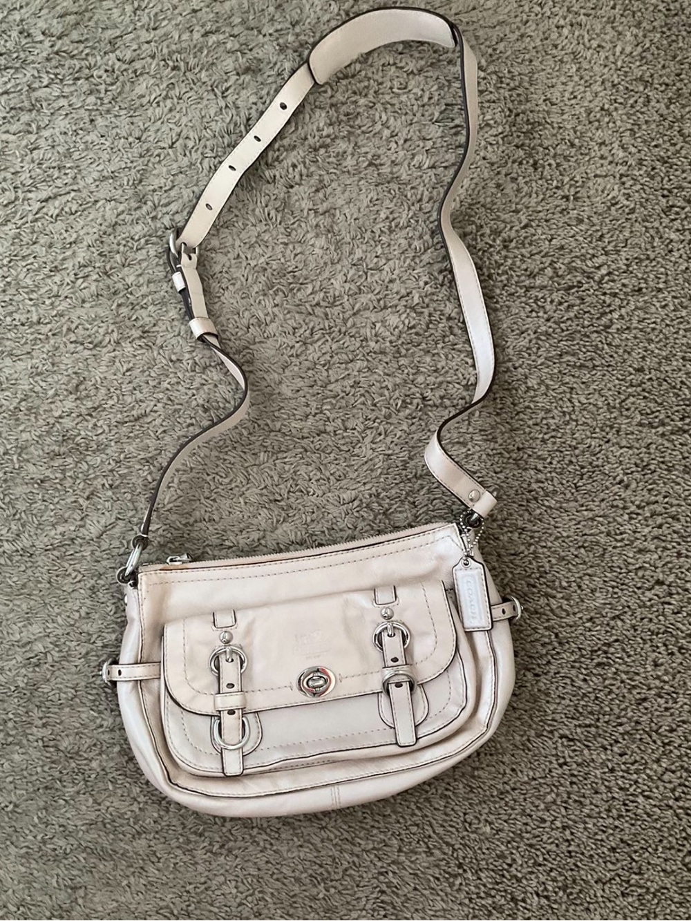 Coach Light Beige Pebbled Leather Crossbody Saddle Bag